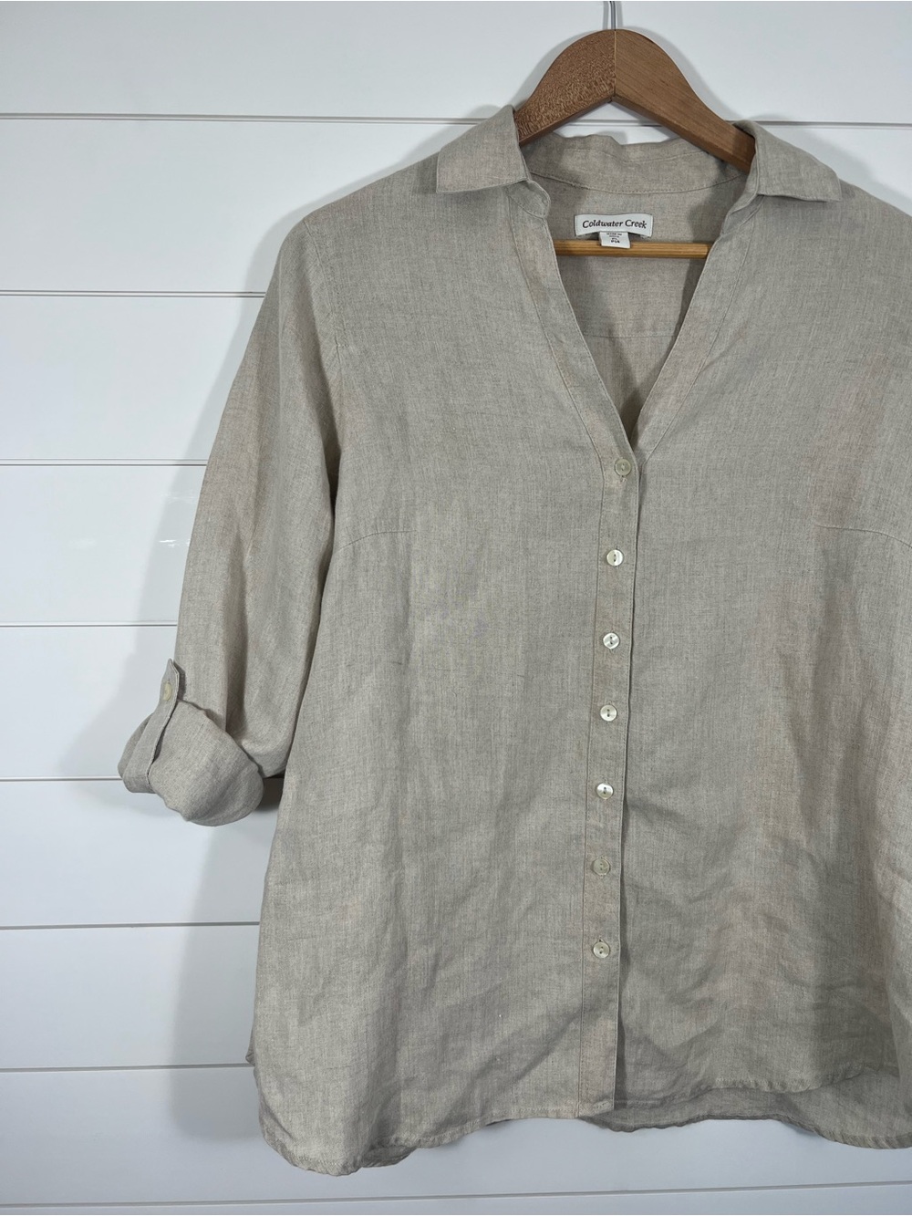 Coldwater Creek 100% Linen Button Up Shirt Womens Large Petite Beige India Made - Picture 3 of 13